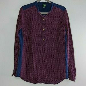 C Wonder L 100% Silk Navy Blue Pink Printed Long Sleeve Shirt Blouse